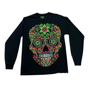 Esquizo Shirt Mens Medium M Black Neon Green Pink Sugar Skull Long Sleeve